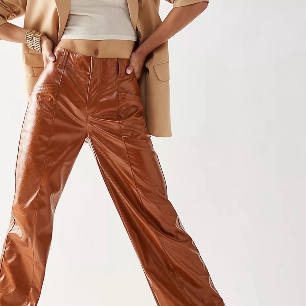 Free People Tan Faux Leather Wide Leg Pants Size 8 - Picture 3 of 16